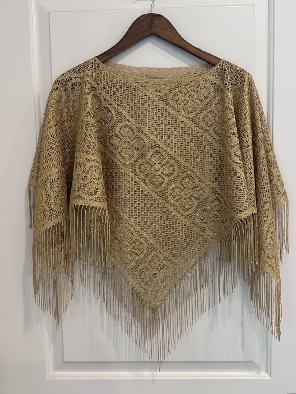 No Boundaries Gold Poncho Top with Metallic Thread Fringe One Size
